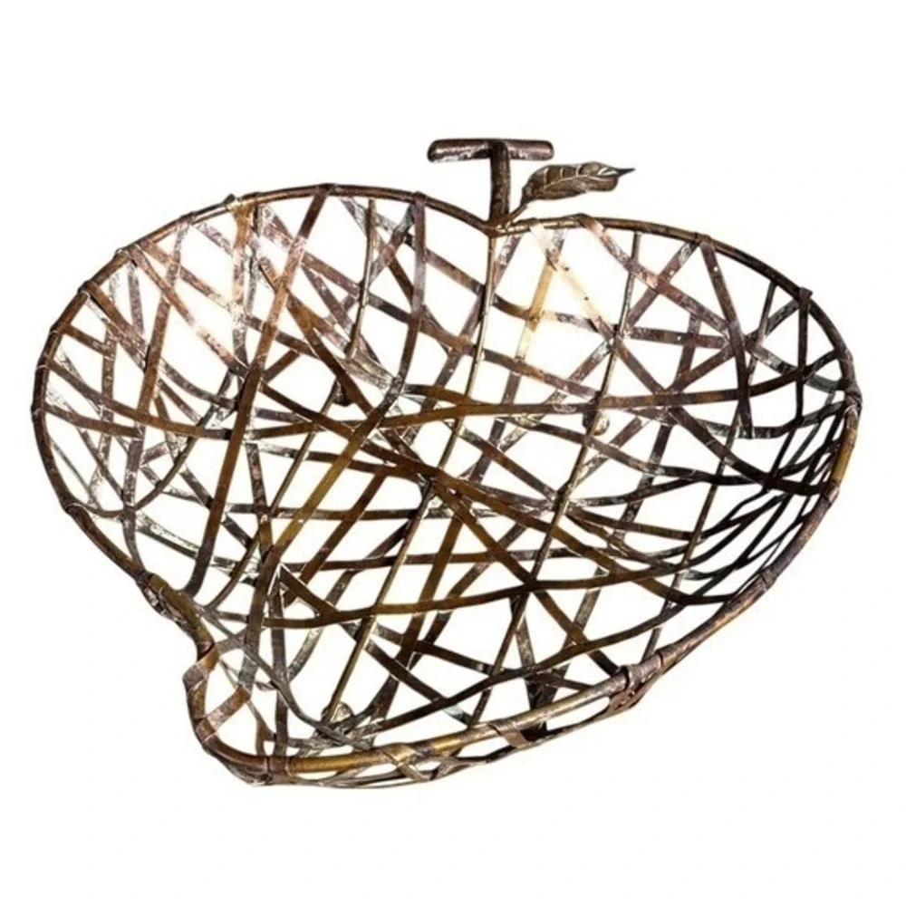 Vintage Metal Shaped Apple Basket Rustic Brown Decorative Cottage Core Woven